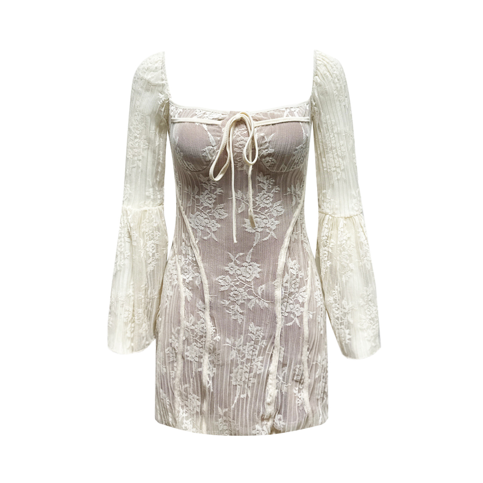 thumbnail image 4 of Vestido mini ajustado elegante de encaje con manga larga y espalda descubierta en línea A para mujer, 4 of 4